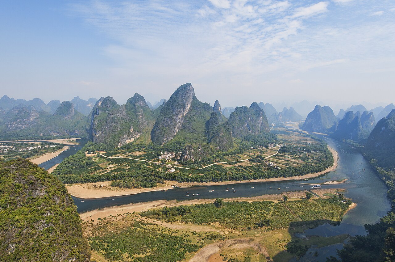 Li River winding through karst peaks near Guilin, China